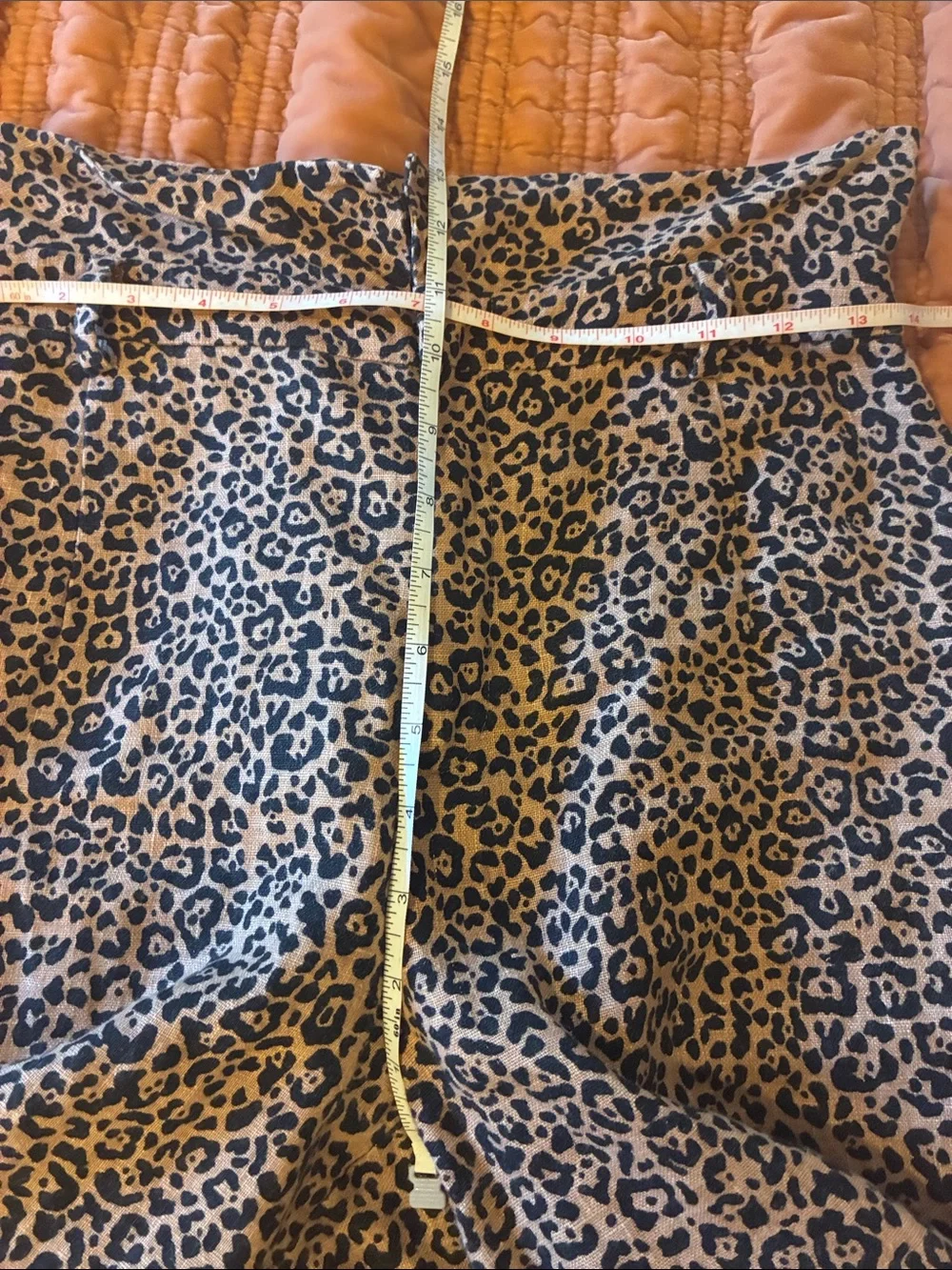 Ref 100% linen leopard print high rise belted paper bag waist wide leg crop pant